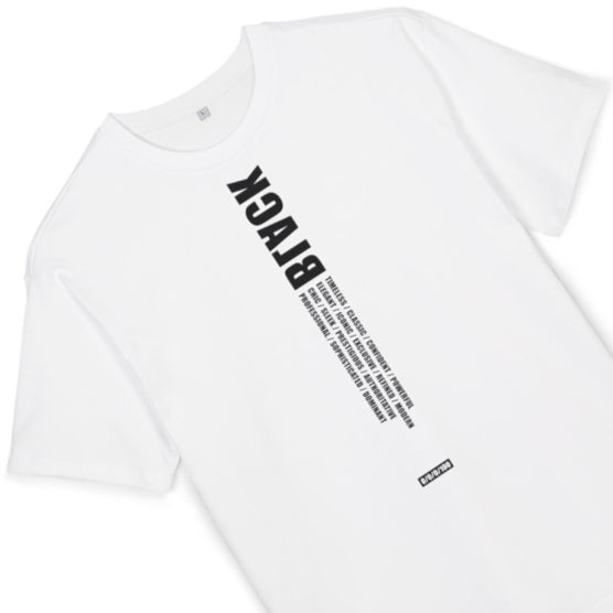 White Tee / Black long text
